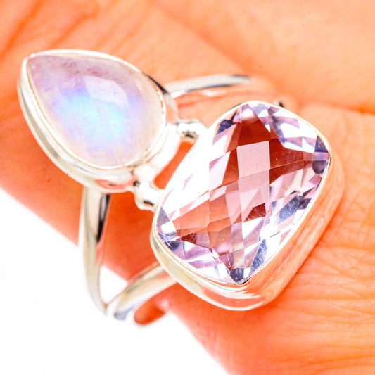 Pink Amethyst, Rainbow Moonstone Rings handcrafted by Ana Silver Co - RING126812
