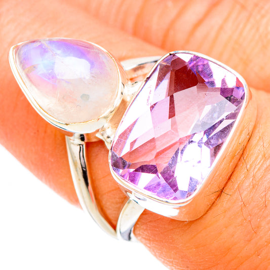 Pink Amethyst, Rainbow Moonstone Rings handcrafted by Ana Silver Co - RING126813