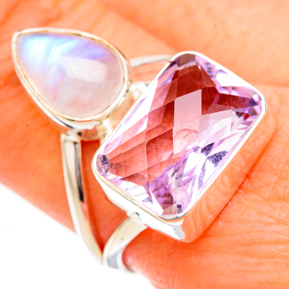 Pink Amethyst, Rainbow Moonstone Rings handcrafted by Ana Silver Co - RING126829