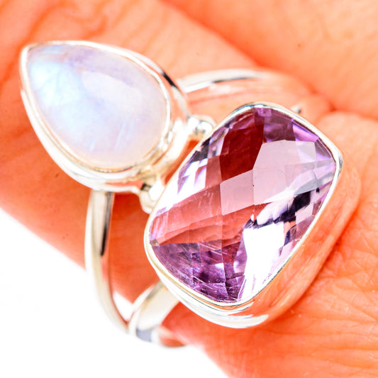 Pink Amethyst, Rainbow Moonstone Rings handcrafted by Ana Silver Co - RING126845
