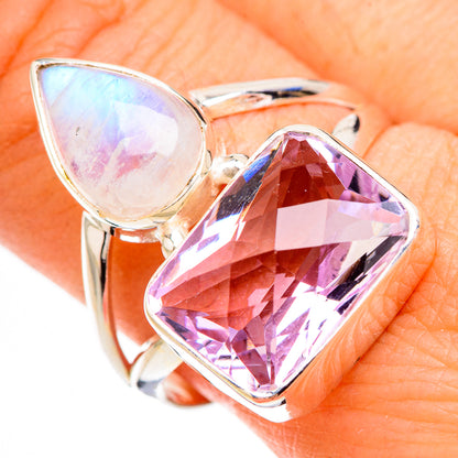Sterling silver ring with faceted purple amethyst cushion and pear opalescent moonstone