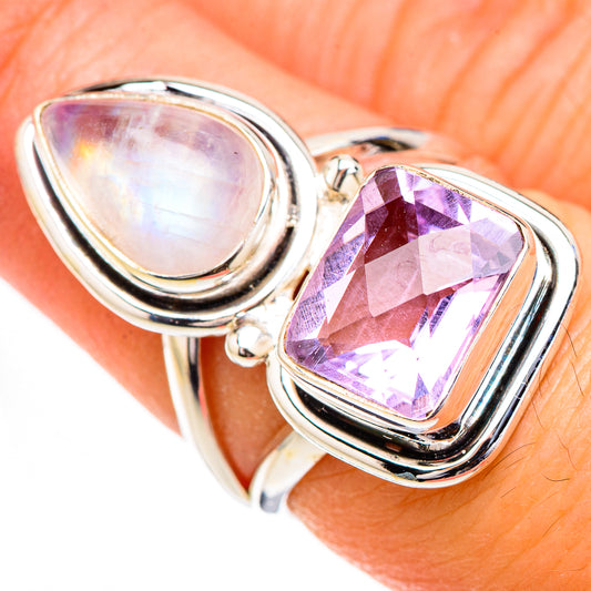 Pink Amethyst, Rainbow Moonstone Rings handcrafted by Ana Silver Co - RING126862