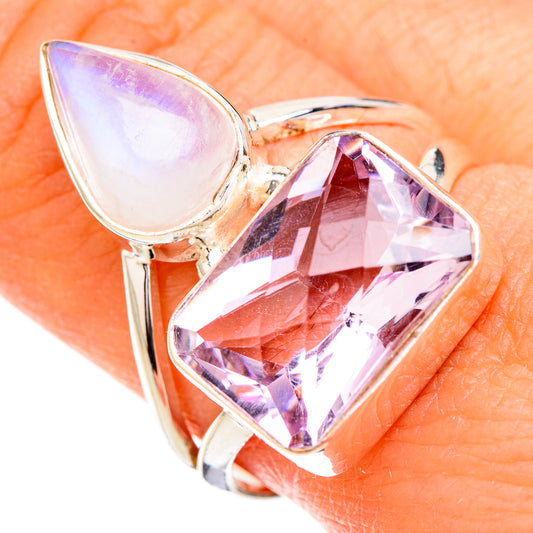 Pink Amethyst, Rainbow Moonstone Rings handcrafted by Ana Silver Co - RING126878