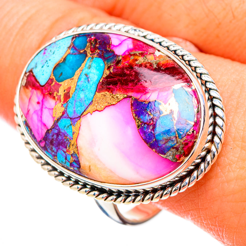 Oval sterling silver ring with pink and turquoise marbled cabochon, rope bezel detail