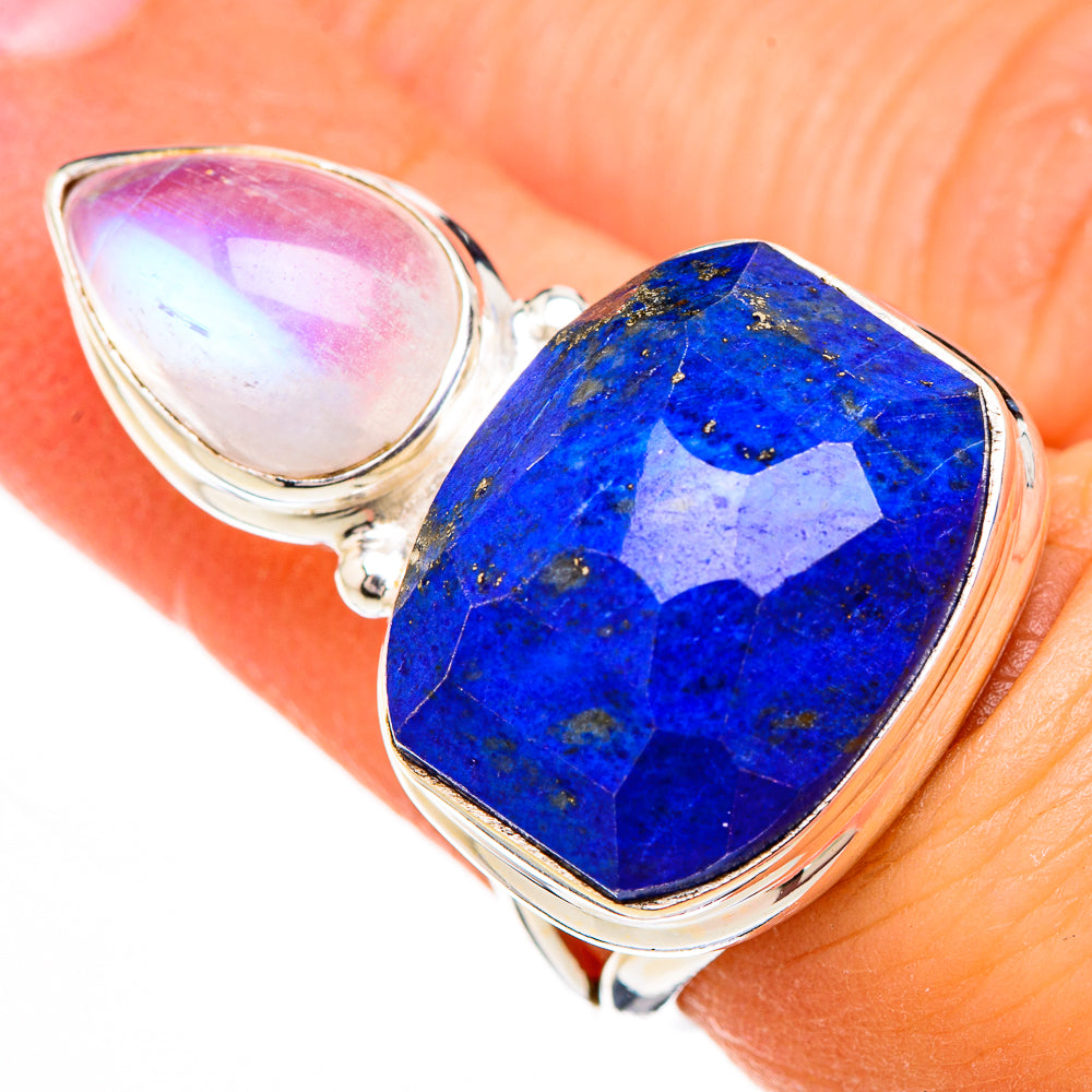 Sterling silver ring close-up: blue lapis lazuli and teardrop moonstone