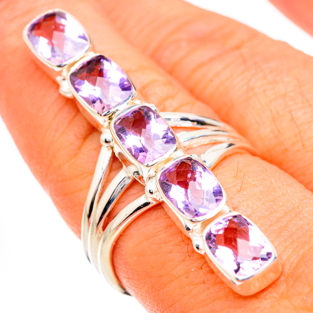 Faceted pink amethyst oval stone ring, five stones on a sterling silver band