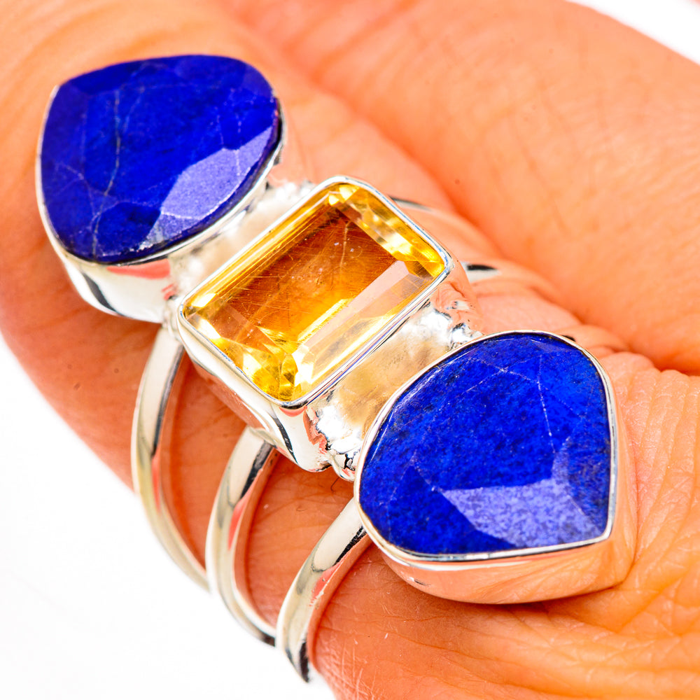 Sterling silver ring: heart lapis blue side stones, rectangular citrine yellow center
