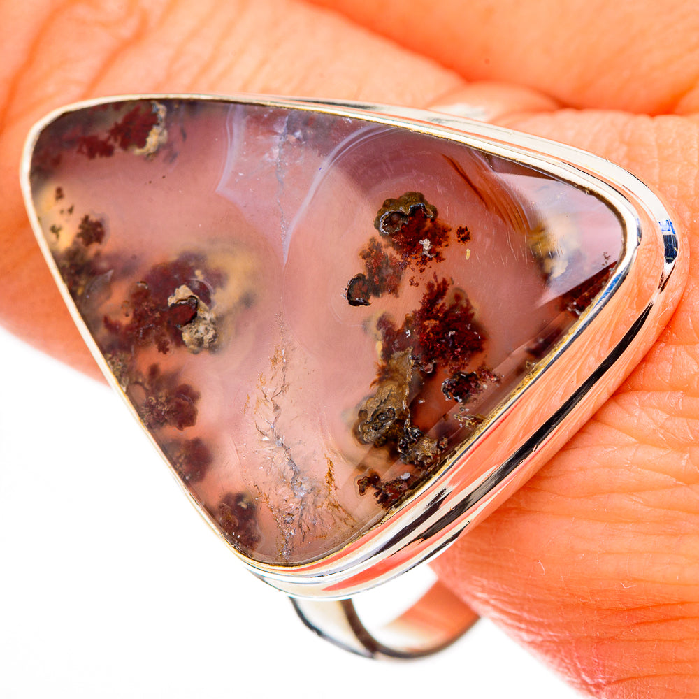 Sterling silver plume agate ring, teardrop cabochon with dark dendritic inclusions