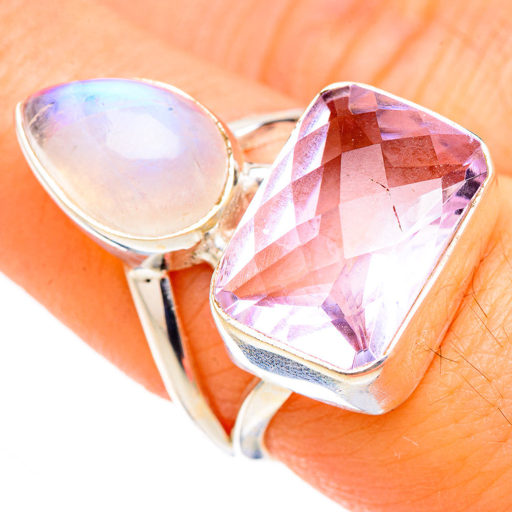 Sterling silver ring with faceted pink amethyst and iridescent rainbow moonstone