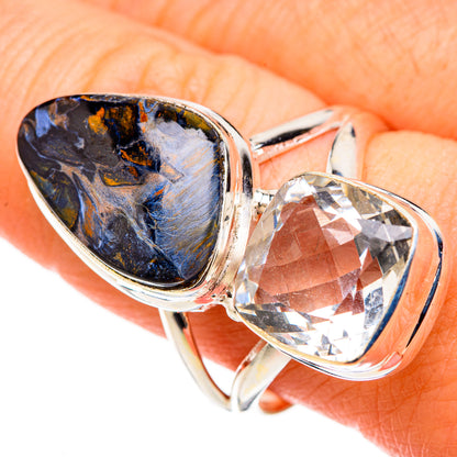 Sterling silver ring with large blue-gold pietersite and clear quartz teardrop stones