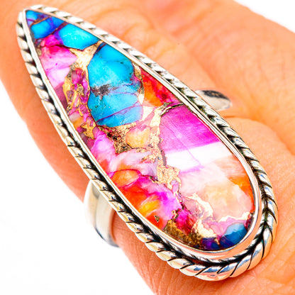 Sterling silver oval gemstone ring with colorful pink blue turquoise mosaic stone