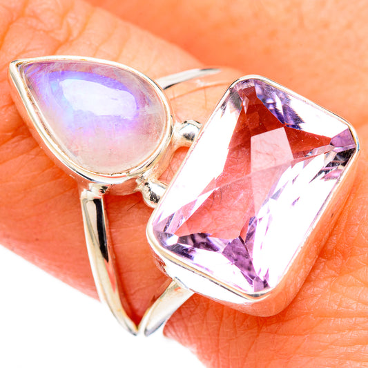 Pink Amethyst, Rainbow Moonstone Rings handcrafted by Ana Silver Co - RING127025