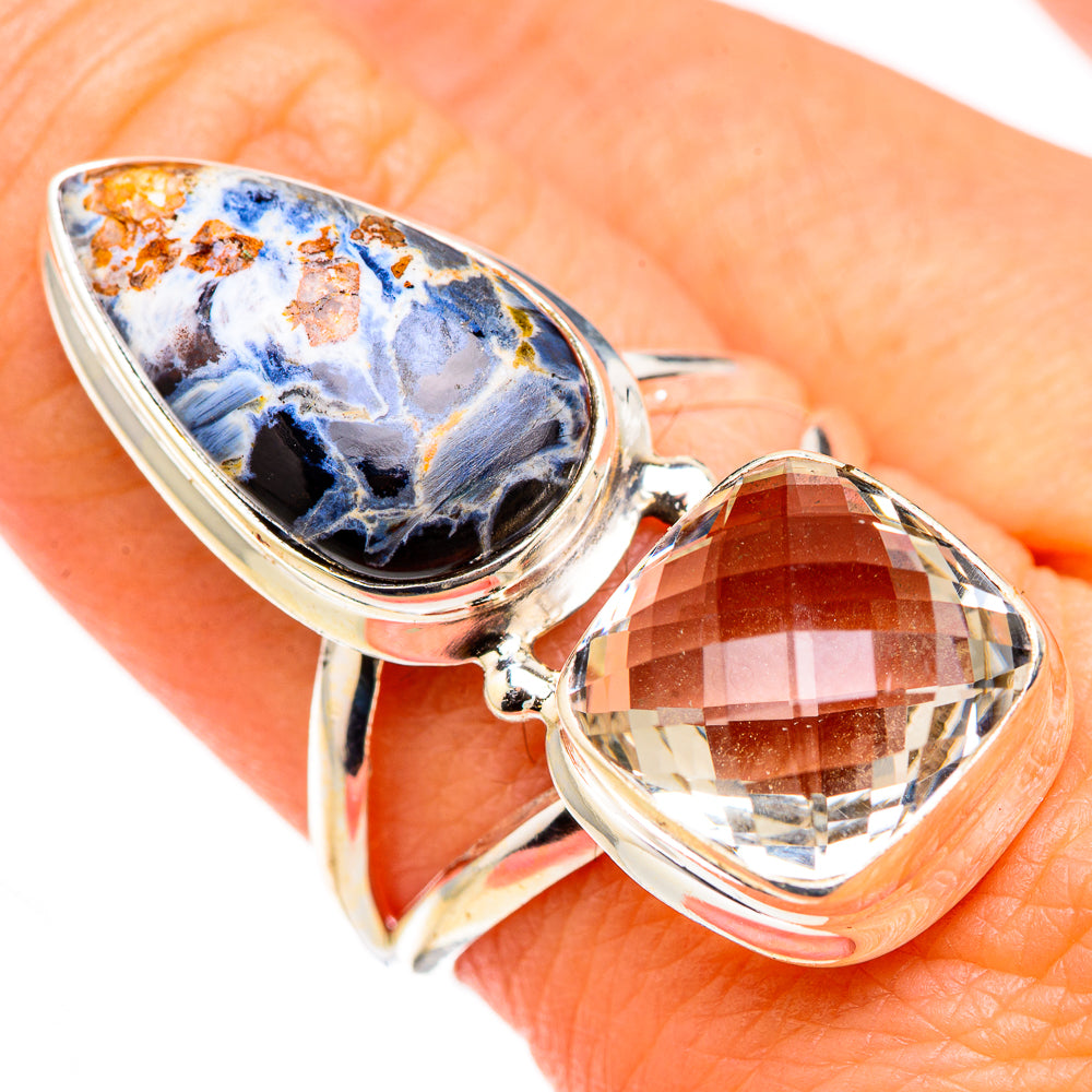 Pietersite and clear quartz teardrop ring on hand, silver-tone setting, size 9