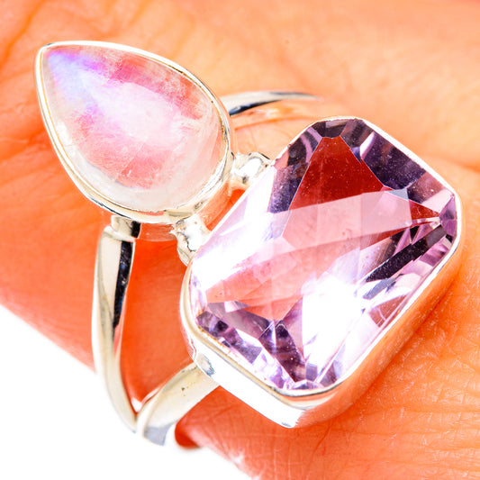 Pink Amethyst, Rainbow Moonstone Rings handcrafted by Ana Silver Co - RING127044