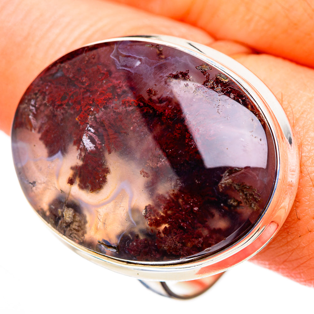 Large 925 sterling silver ring with dark plume agate oval cabochon