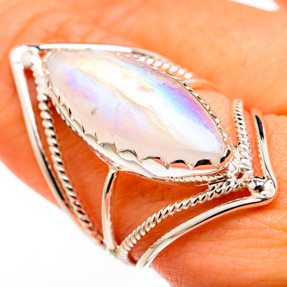 Marquise moonstone ring with iridescent rainbow glaze, 925 sterling silver setting