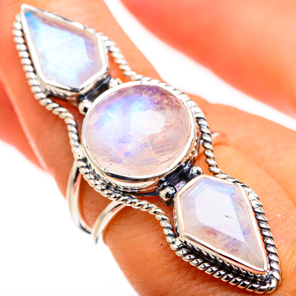 925 sterling silver moonstone ring with oval and teardrop opalescent stones, rope bezel detail