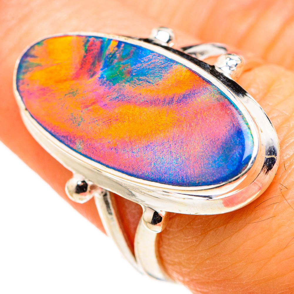 Oval 925 sterling silver opal ring, vivid blue-pink-orange iridescence, size 7