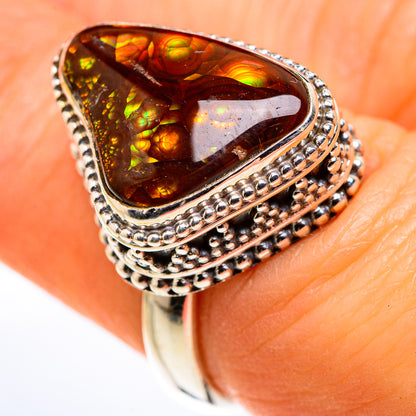 Oval fire agate gemstone ring with ornate 925 sterling silver beaded halo, size 6.5