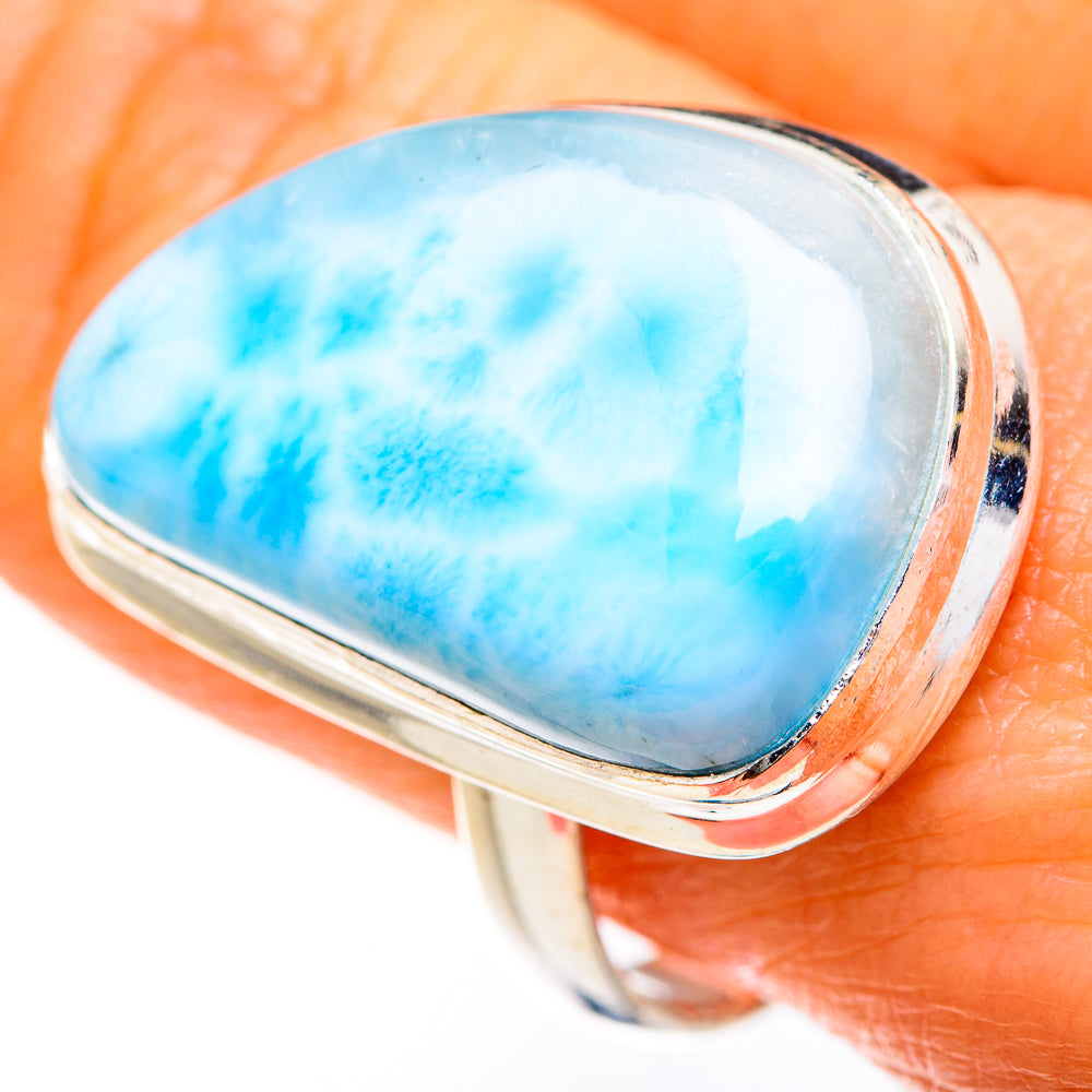 Sterling silver Larimar ring with oval blue stone, polished bezel