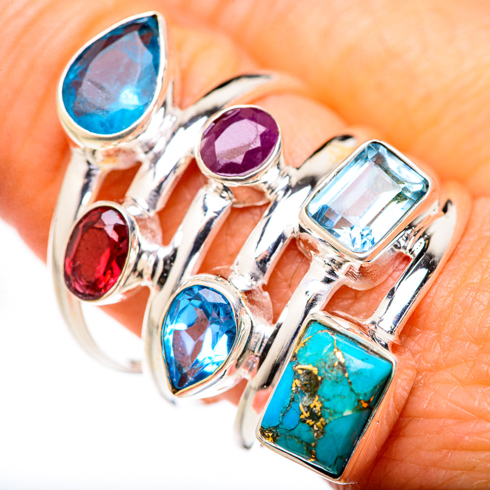 Sterling silver multi-gem ring with blue teardrop, red, purple, and turquoise square stones