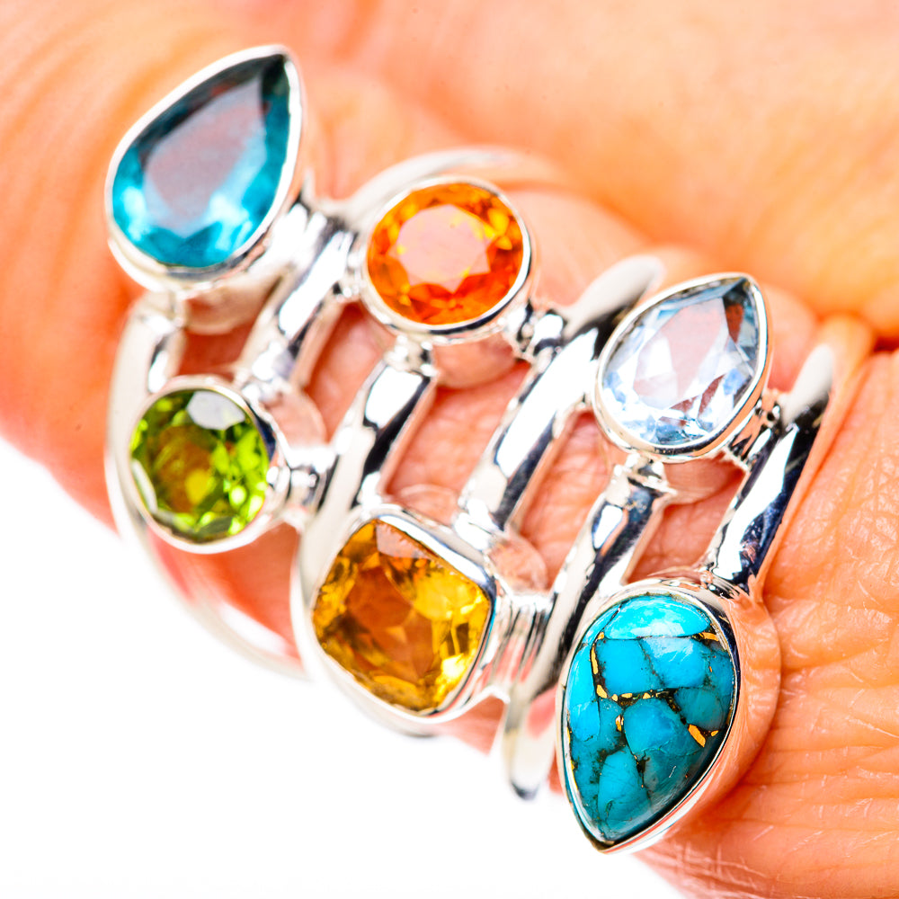 Sterling silver ring with oval turquoise, blue, green, amber and blue topaz stones