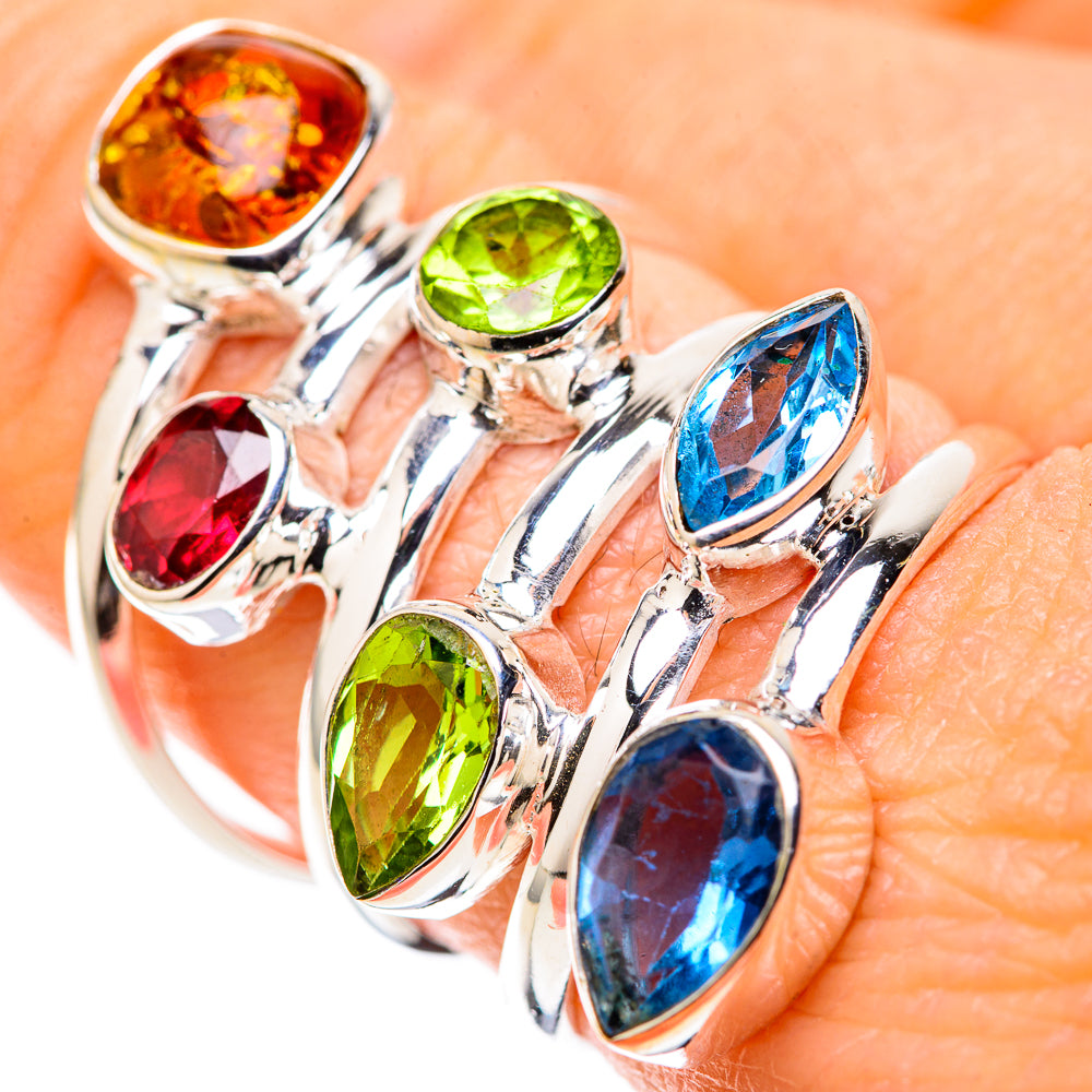 Sterling silver statement ring with blue topaz, peridot, garnet, amber gemstones