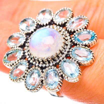 Rainbow Moonstone, Blue Topaz Rings handcrafted by Ana Silver Co - RING129097