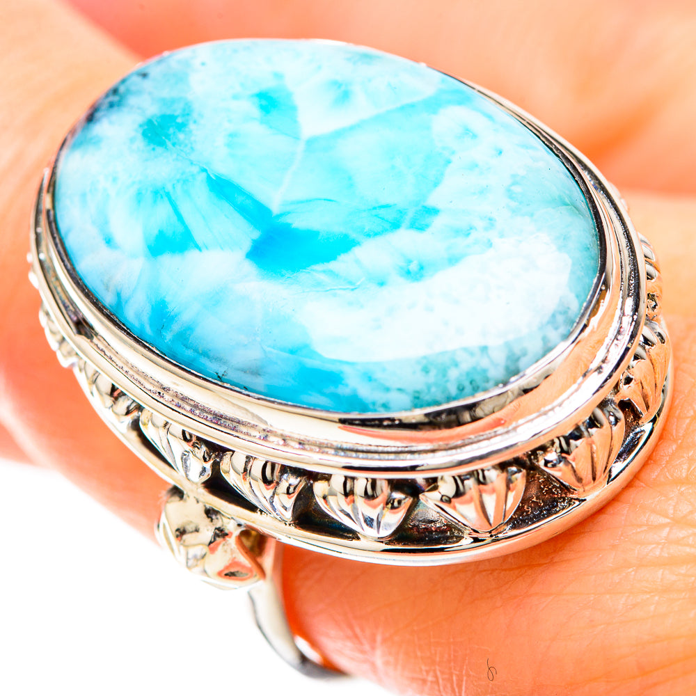 Turquoise larimar oval ring with 925 sterling silver bezel and decorative band