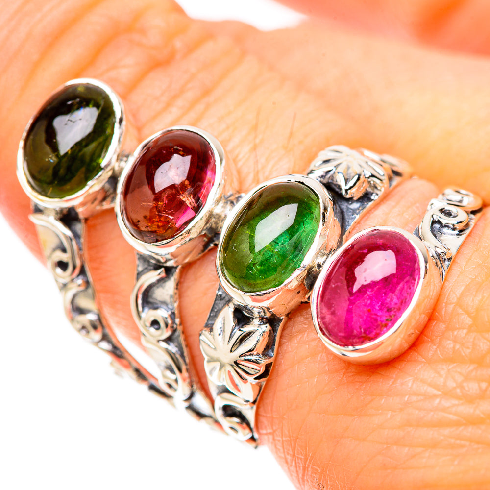 925 sterling silver ring with four oval gemstones—olive green, red, green, and pink