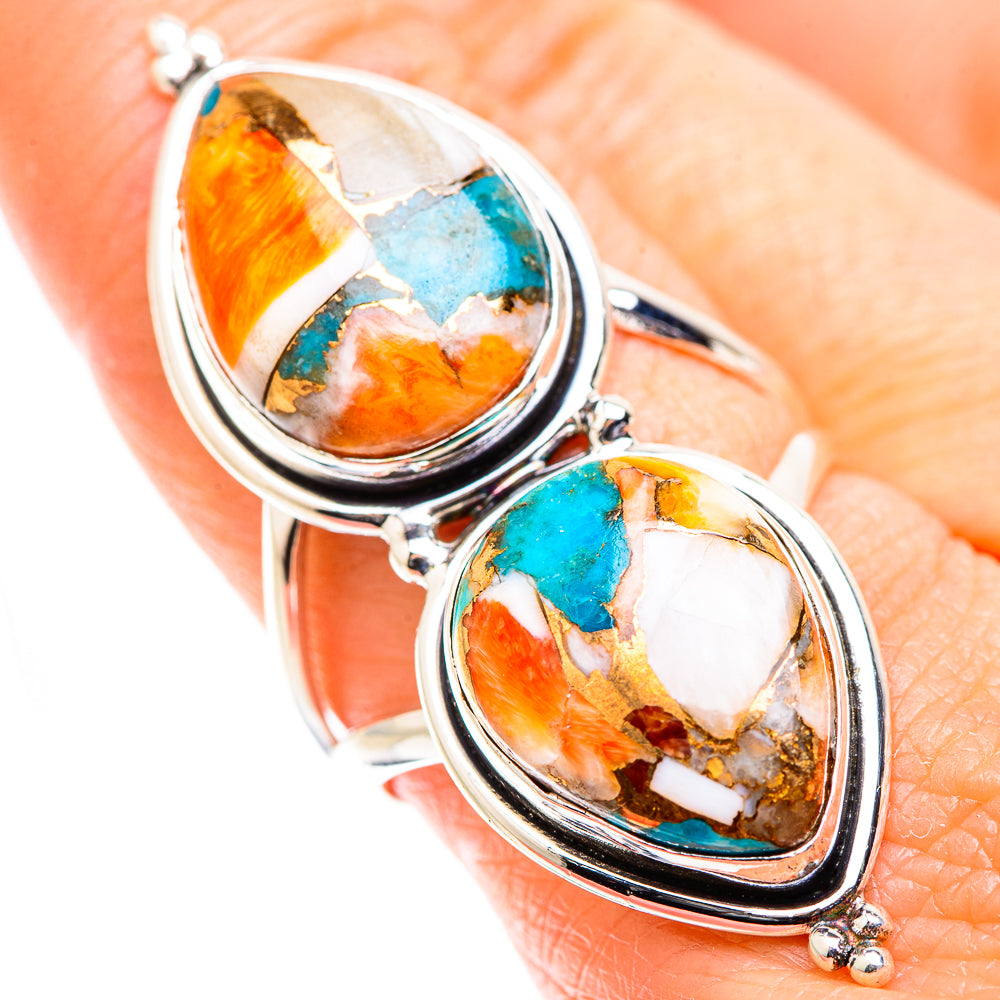 Double teardrop inlay ring, turquoise and orange mosaic stones, polished silver band