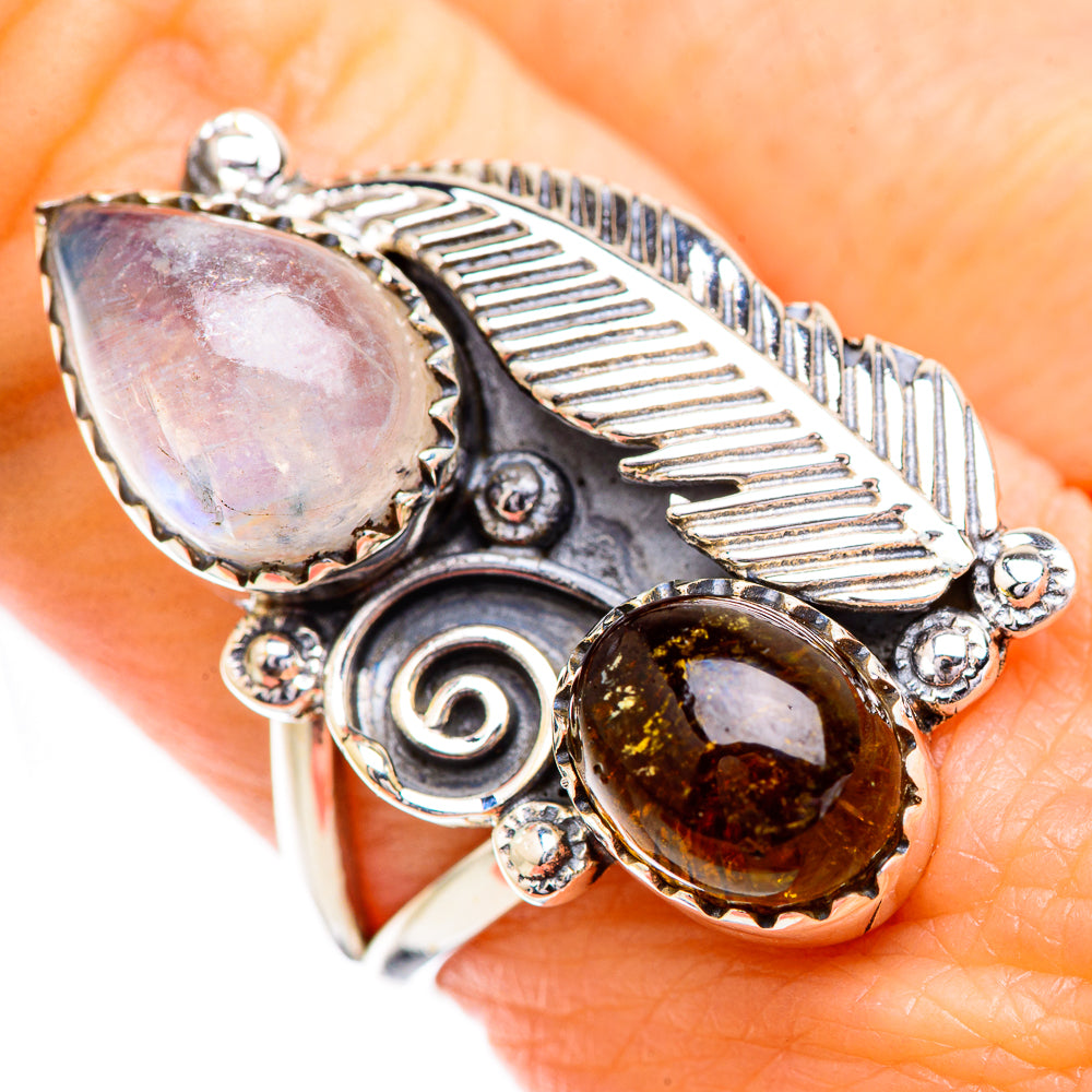 Sterling silver gemstone ring with moonstone-like teardrop, amber smoky quartz, leaf setting