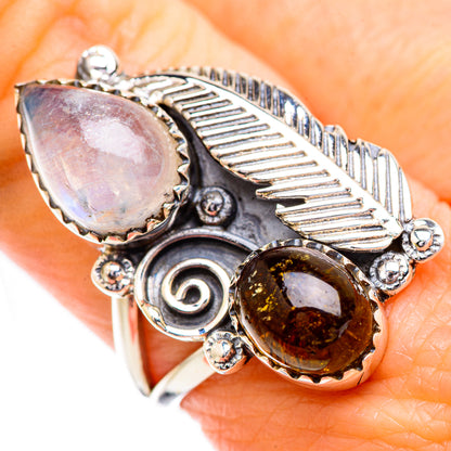 Sterling silver gemstone ring with moonstone-like teardrop, amber smoky quartz, leaf setting