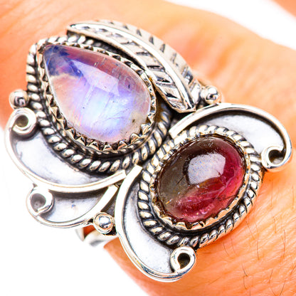 Sterling silver ring with lilac-blue moonstone and red watermelon tourmaline cabochon, filigree