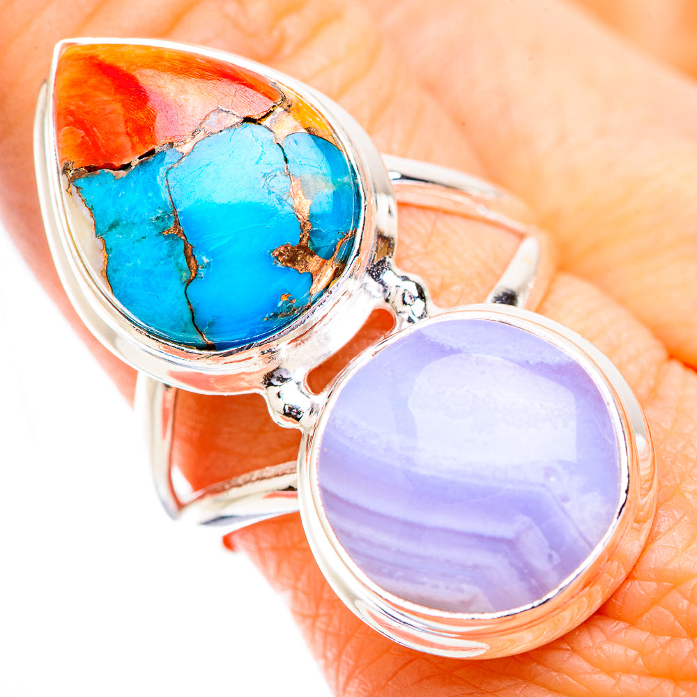 Silver double-oval ring with turquoise spiny oyster and lavender blue lace agate