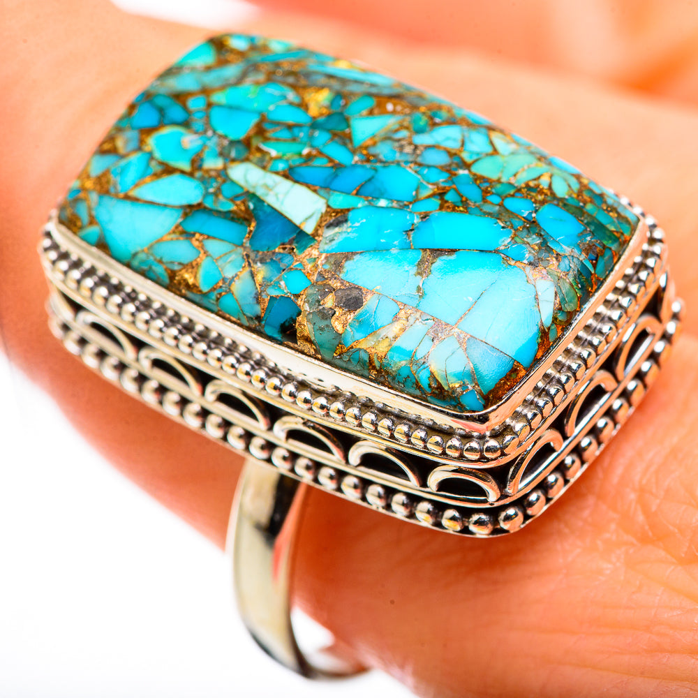Large rectangular turquoise mosaic ring with detailed filigree border and silver-tone band