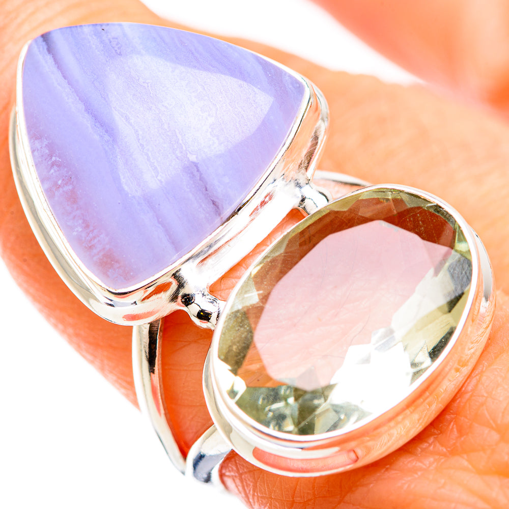 Sterling silver ring with a lavender triangular gemstone and green oval stone, prong set