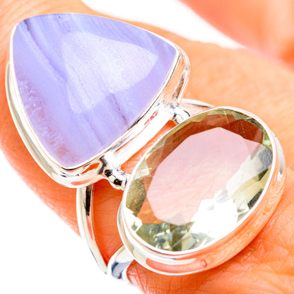 Sterling silver ring with a lavender triangular gemstone and green oval stone, prong set