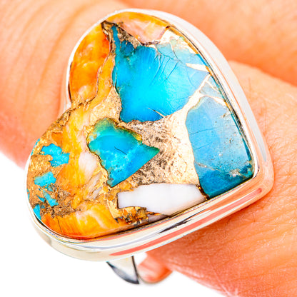 Heart-shaped turquoise, orange, and gold-tone stone ring on 925 sterling silver