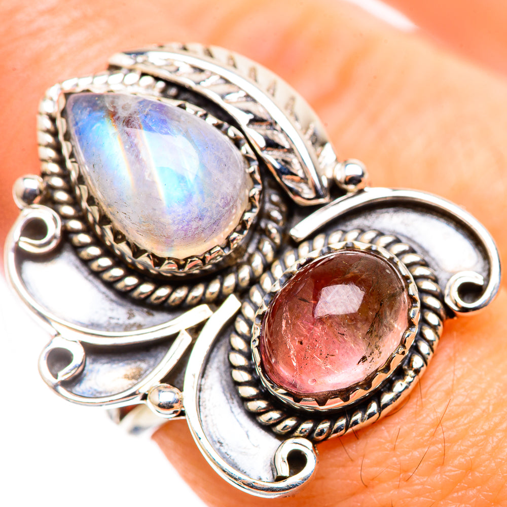 Sterling silver oval moonstone and pink tourmaline charm ring with detailed filigree