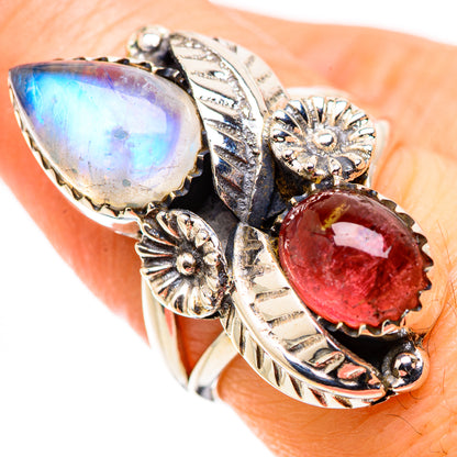 Sterling silver ring with rainbow moonstone and pink tourmaline teardrops