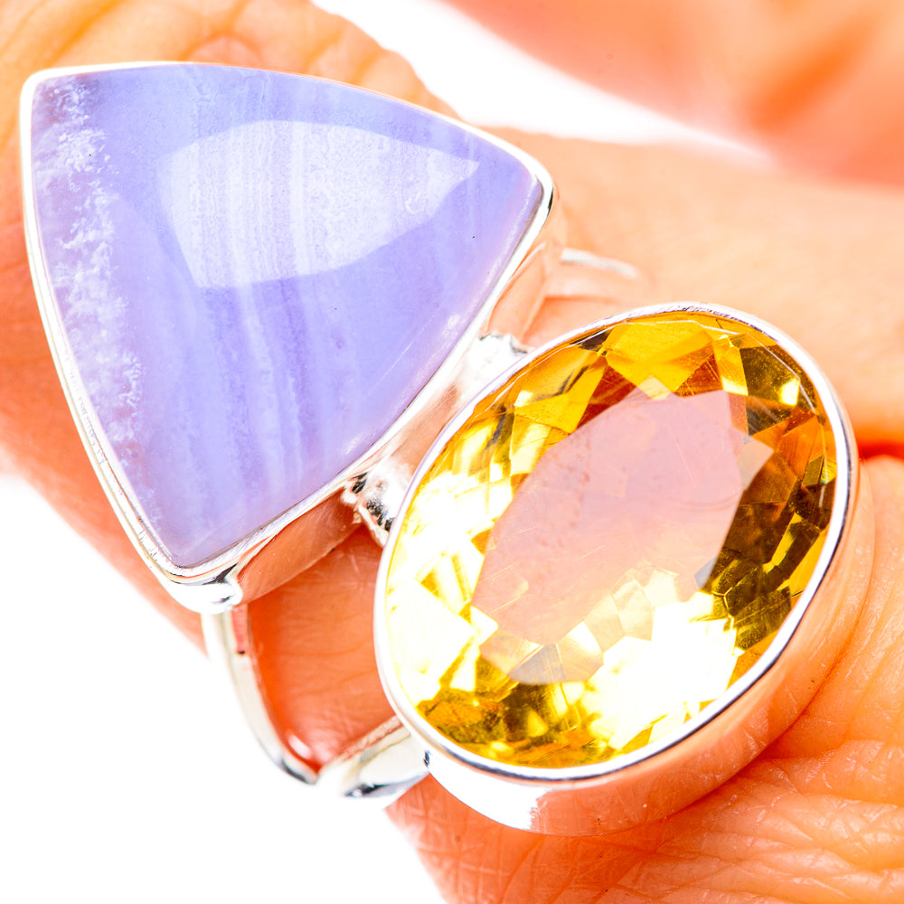 Sterling silver ring with lavender-blue lace agate and yellow oval citrine stones
