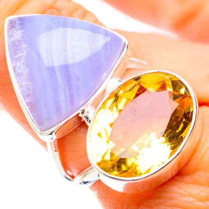 Sterling silver ring with lavender-blue lace agate and yellow oval citrine stones