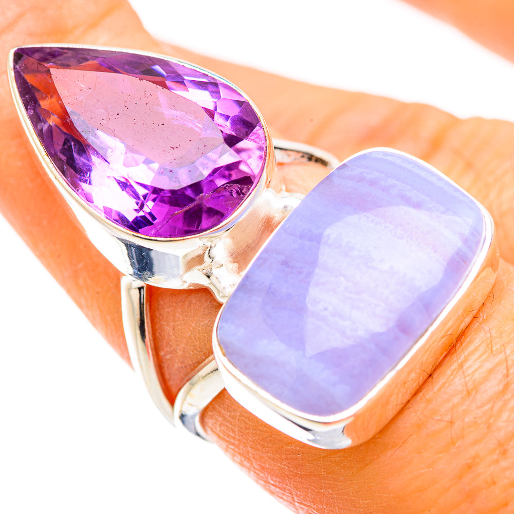 925 sterling silver amethyst teardrop and lavender opal cabochon double ring
