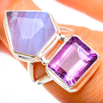 Sterling silver ring with light blue lace agate and purple amethyst, square bezel setting