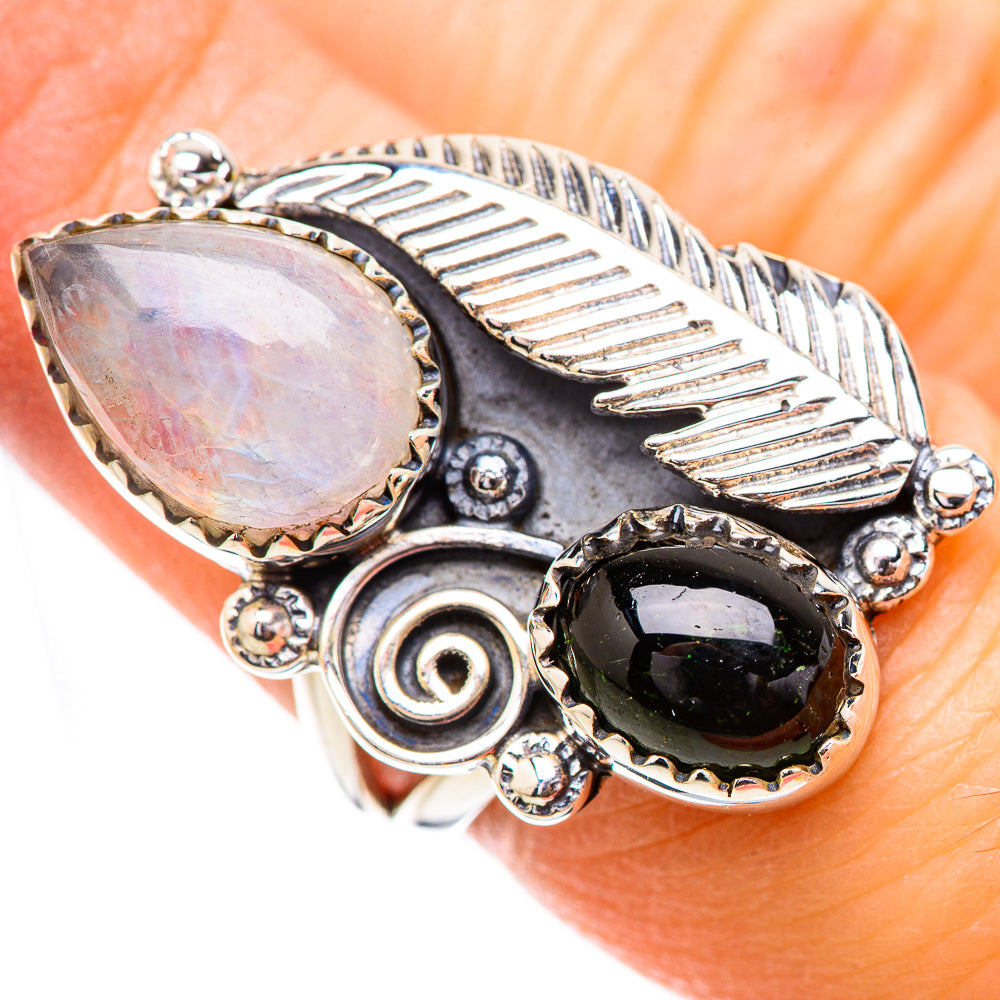 Sterling silver ring with pear opalescent moonstone, dark oval stone, textured leaf band