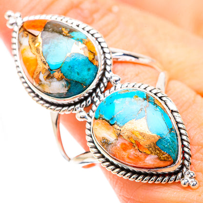Sterling silver oval turquoise spiny oyster ring, two cabochons with raised bezel