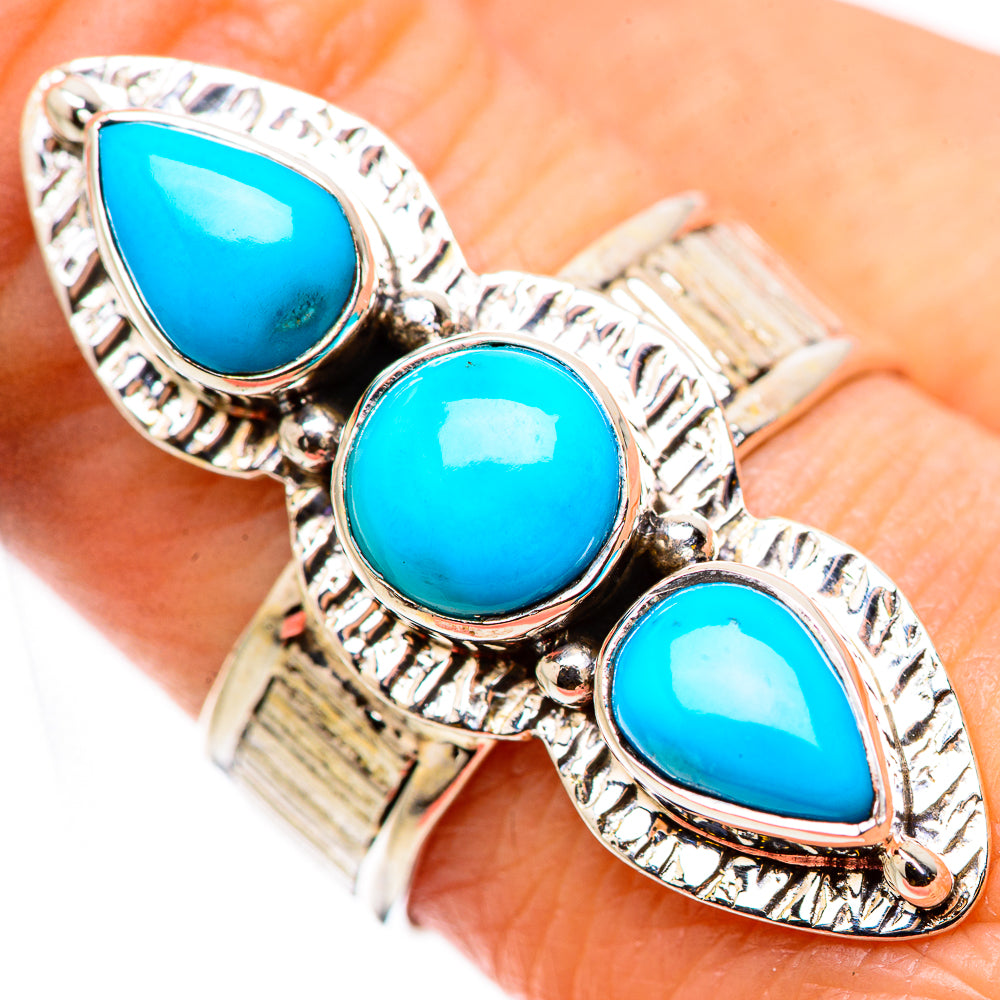 Turquoise teardrop stone ring with three-stone leaf design and silver-toned setting, 925