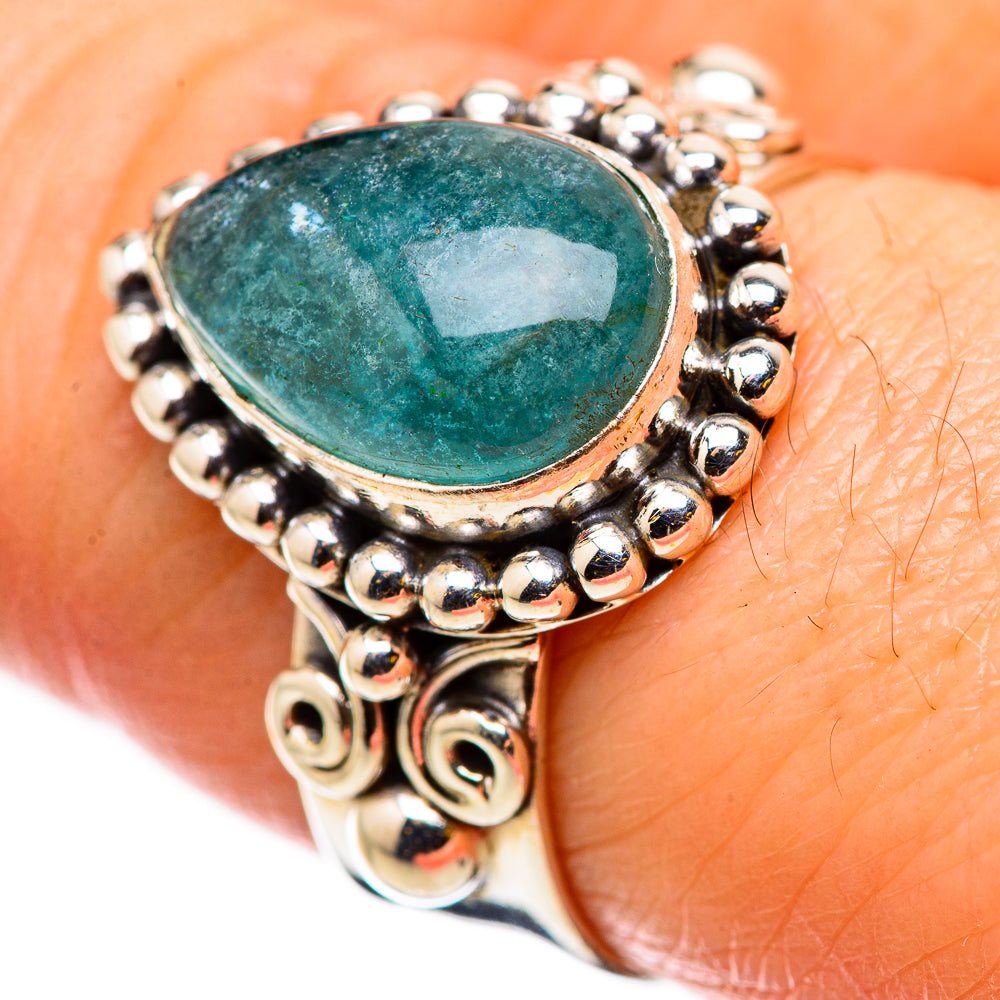 Sterling silver ring with oval green aquamarine cabochon and beaded halo