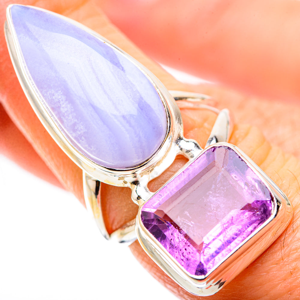 Gemstone ring with lavender teardrop cabochon and purple square stone, silver-tone split band